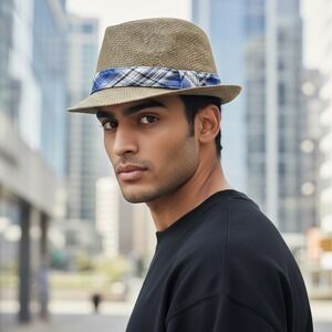 Tan Straw Fedora Hat Trilby Blue Plaid Band Short Brim Summer Preppy Resort